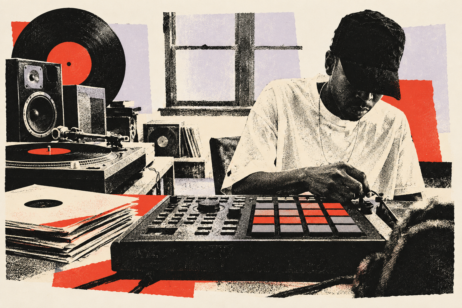 Screenprint illustration of J Dilla working at a sampler beside a turntable and records.