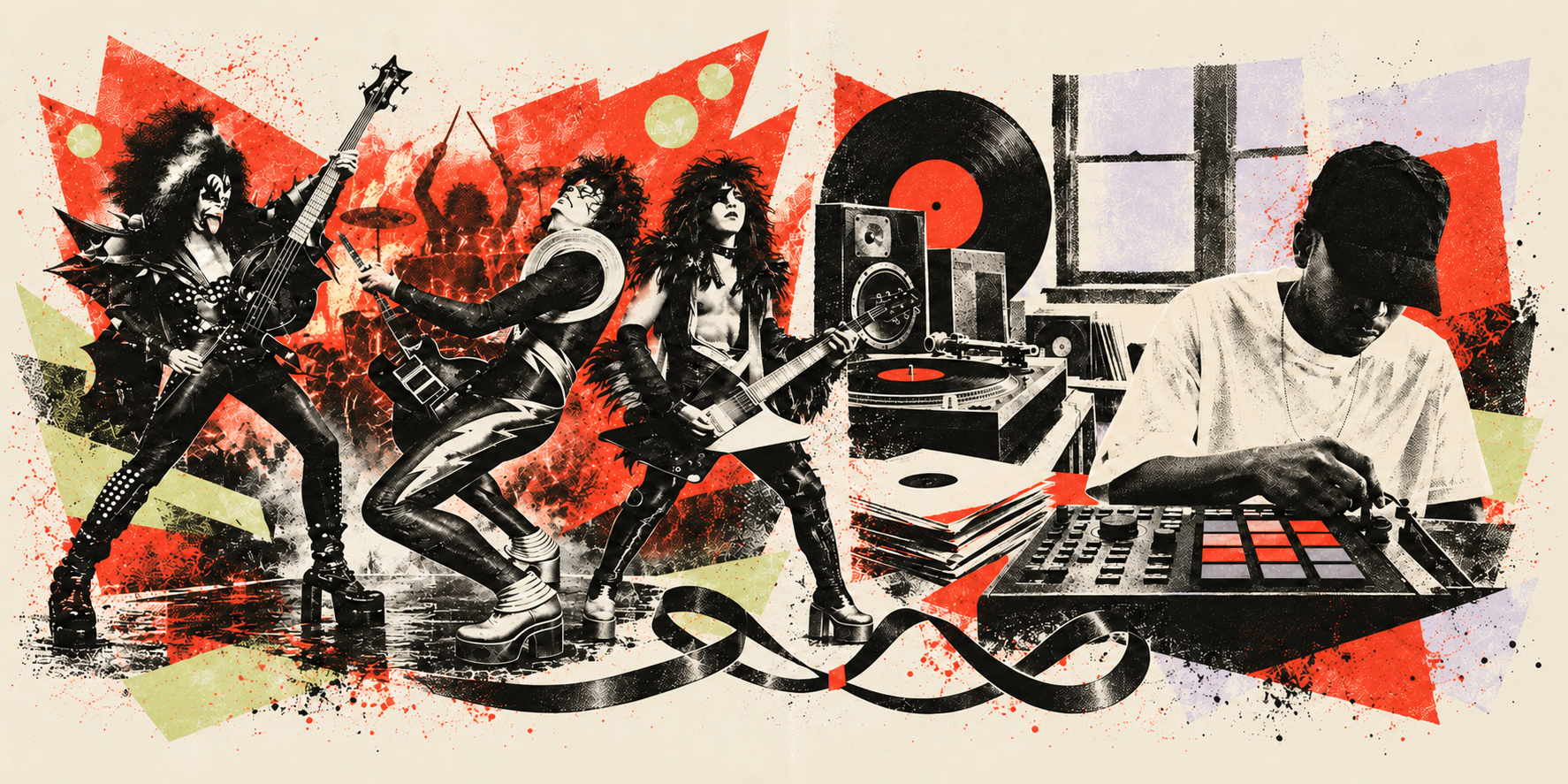 Screenprint illustration of Kiss on stage and J Dilla at a sampler, joined by a ribbon of tape.